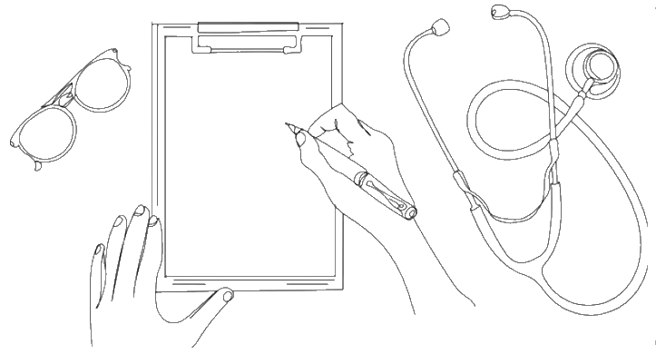 Line illustration of a clipboard, writing hand, stethoscope and glasses